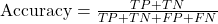 \text{Accuracy} = \frac{TP + TN}{TP + TN + FP + FN}