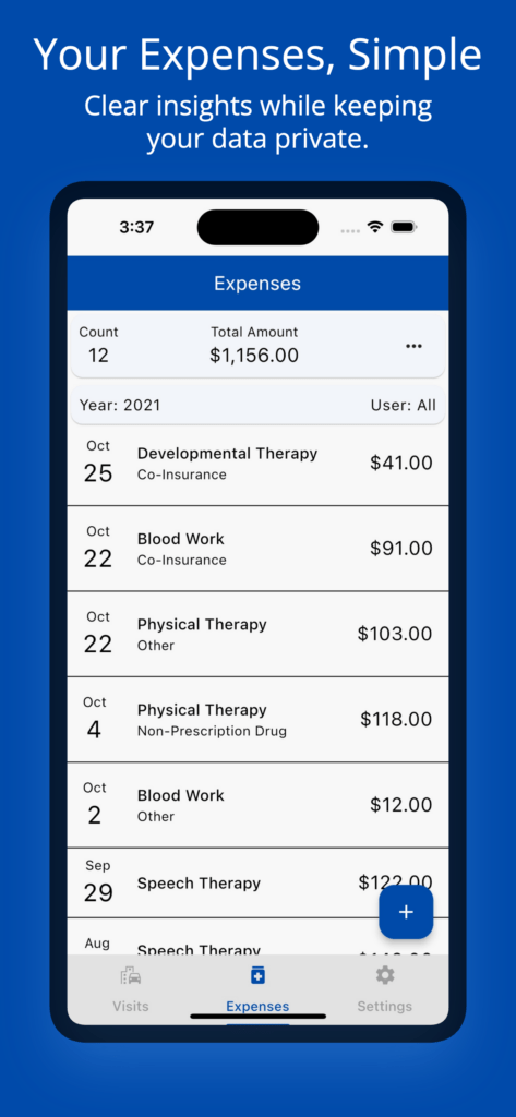 This is a screenshot of "Medical Expenses Log" app. Your expenses, Simplified