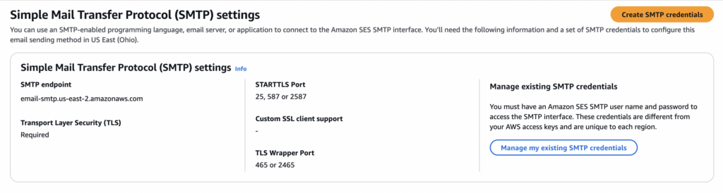 The Amazon SES console screen showing the SMTP endpoint, supported ports, and a “Create SMTP Credentials” button.