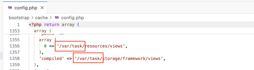 Screenshot showing config.php with the “view” paths set to /var/task/resources/views and /var/task/storage/framework/views