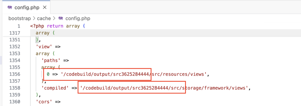 Screenshot showing Laravel’s config.php file with “view” paths set to /codebuild/output/src3625284444/src/resources/views and /codebuild/output/src3625284444/src/storage/framework/views