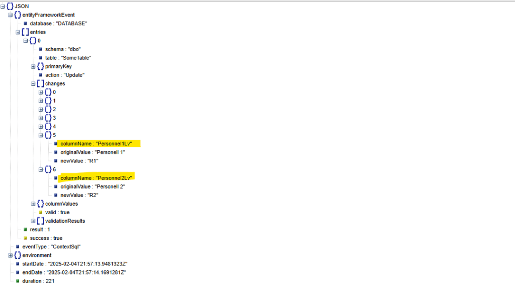 Screenshot of a JSON Entity Framework event log showing database update entries, including changes to personnel-related columns.